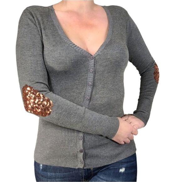 Button up Gray sequin sweater cardigan - Picture 1 of 6